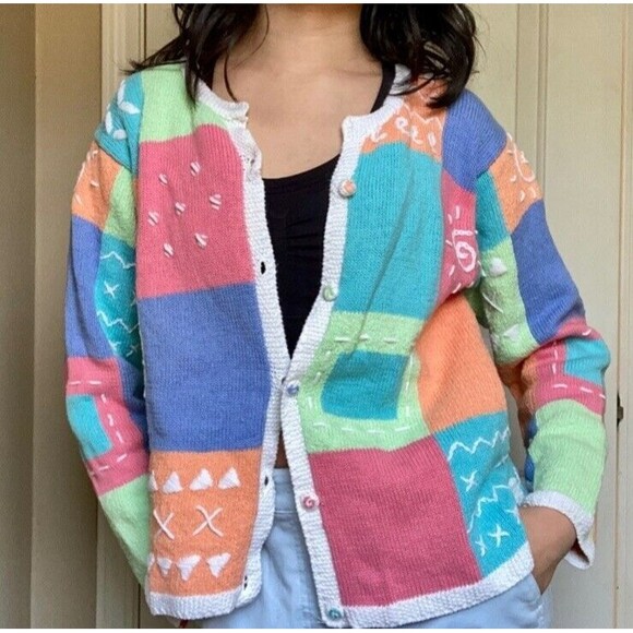 Mandal Bay‎ Pastel Pink Green Teal Blocked Sweater Women's Sz L Cardigan - Picture 1 of 7